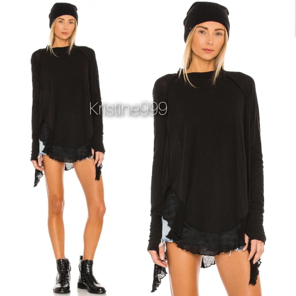 Free People Starlight Tee Long Sleeve Sexy Top in Black sz XS S NWT